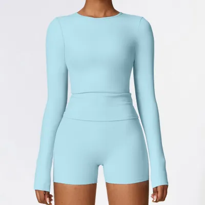 Women's Long-Sleeve Yoga T-Shirt - Polyamide Sanding Fabric, Solid Color, Tight Fit