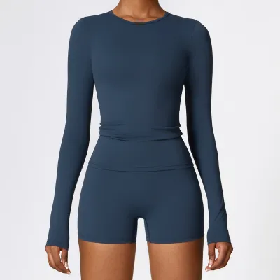 Women's Long-Sleeve Yoga T-Shirt - Polyamide Sanding Fabric, Solid Color, Tight Fit