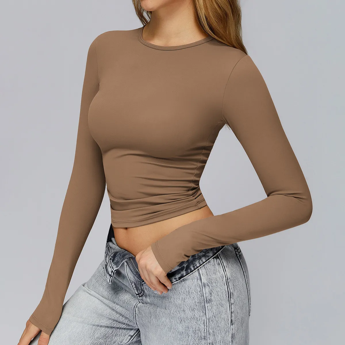 Women's Long-Sleeve Yoga T-Shirt - Polyamide Sanding Fabric, Solid Color, Tight Fit