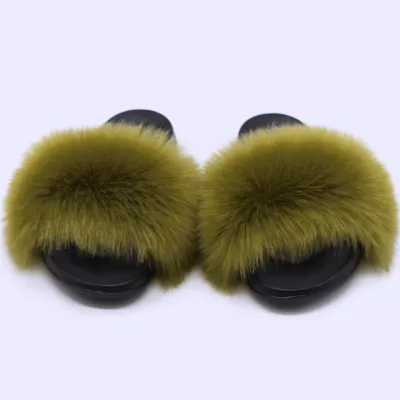 Women Fashion Casual Solid Color Faux Fox Fur Slippers Plus Size
