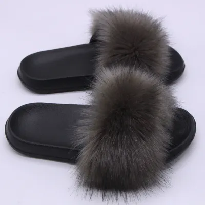 Women Fashion Casual Solid Color Faux Fox Fur Slippers Plus Size