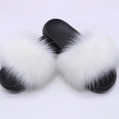 Women Fashion Casual Solid Color Faux Fox Fur Slippers Plus Size