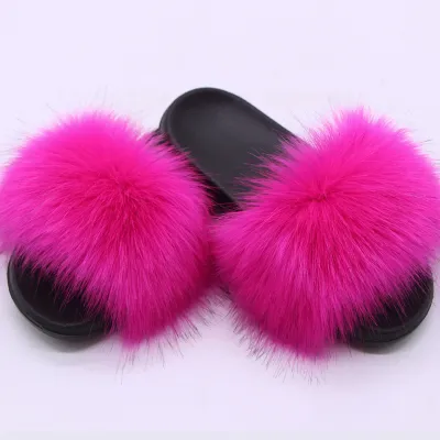 Women Fashion Casual Solid Color Faux Fox Fur Slippers Plus Size
