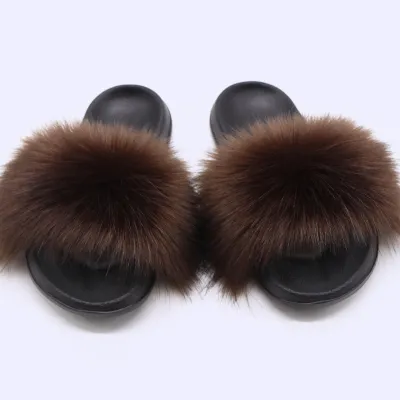 Women Fashion Casual Solid Color Faux Fox Fur Slippers Plus Size