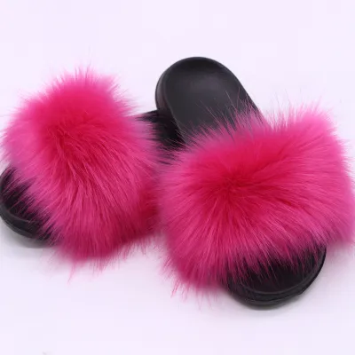 Women Fashion Casual Solid Color Faux Fox Fur Slippers Plus Size