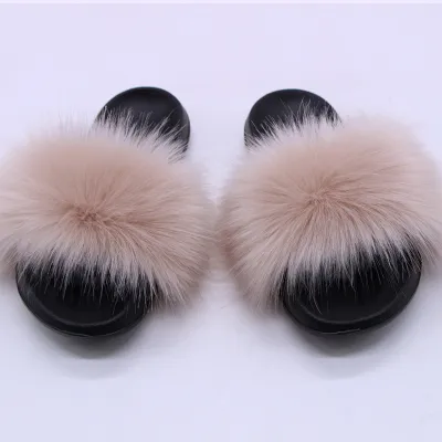 Women Fashion Casual Solid Color Faux Fox Fur Slippers Plus Size