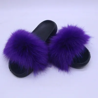 Women Fashion Casual Solid Color Faux Fox Fur Slippers Plus Size