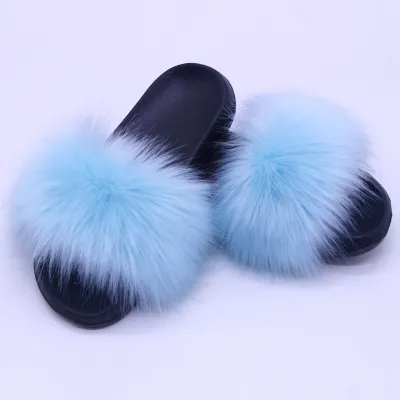 Women Fashion Casual Solid Color Faux Fox Fur Slippers Plus Size