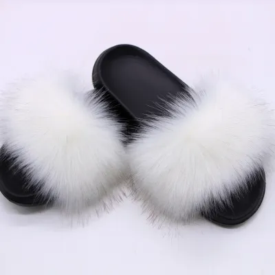 Women Fashion Casual Solid Color Faux Fox Fur Slippers Plus Size