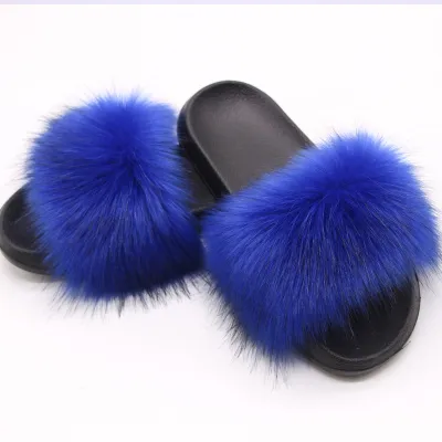 Women Fashion Casual Solid Color Faux Fox Fur Slippers Plus Size