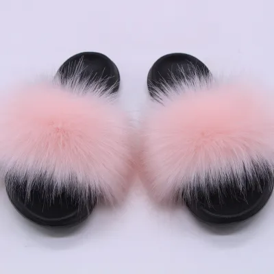 Women Fashion Casual Solid Color Faux Fox Fur Slippers Plus Size