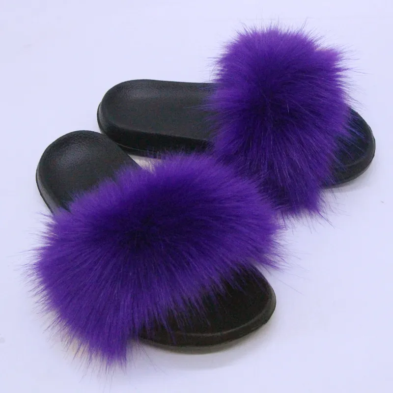 Women Fashion Casual Solid Color Faux Fox Fur Slippers Plus Size