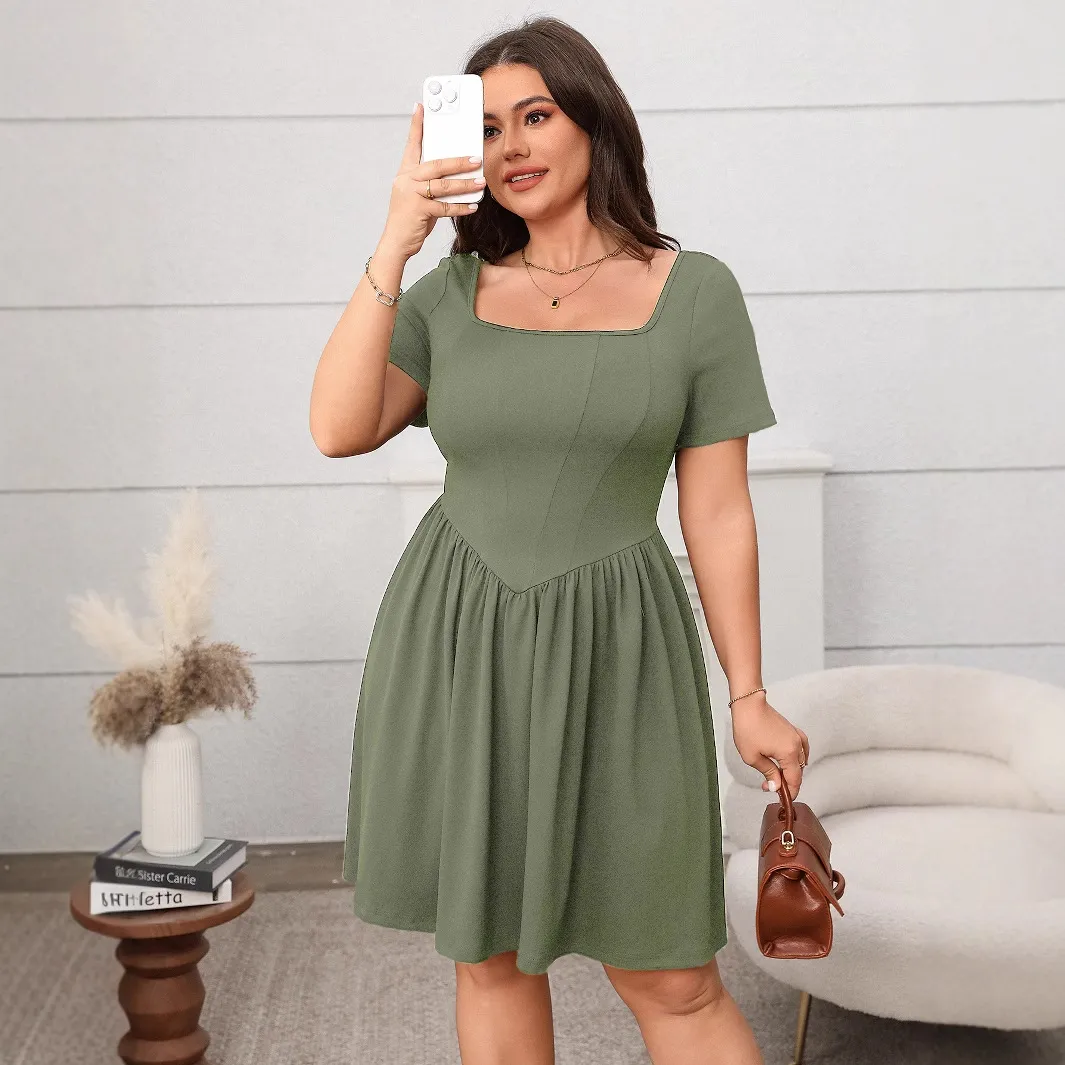 Women Fashion Casual Plus Size Solid Color Square Collar Short Sleeve Loose Midi Dress