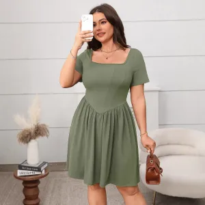 Women Fashion Casual Plus Size Solid Color Square Collar Short Sleeve Loose Midi Dress