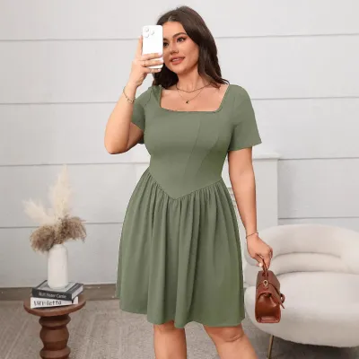 Women Fashion Casual Plus Size Solid Color Square Collar Short Sleeve Loose Midi Dress