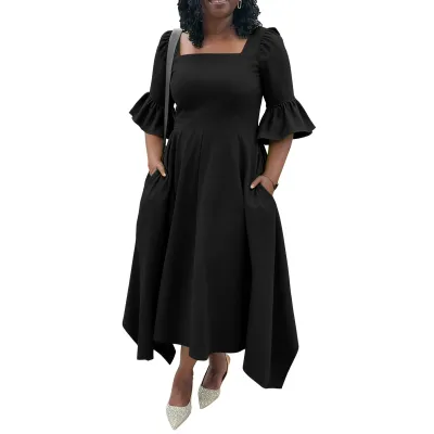 Women Plus Size Elegant Solid Color Lotus Leaf Sleeve Pocket Dress