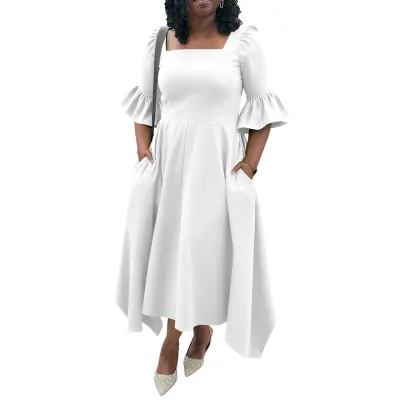 Women Plus Size Elegant Solid Color Lotus Leaf Sleeve Pocket Dress