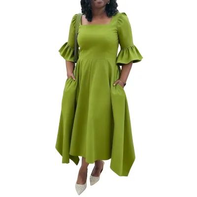 Women Plus Size Elegant Solid Color Lotus Leaf Sleeve Pocket Dress
