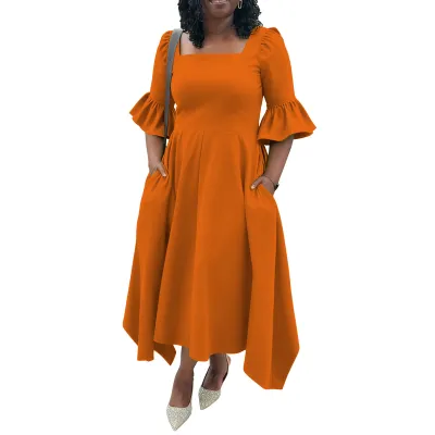 Women Plus Size Elegant Solid Color Lotus Leaf Sleeve Pocket Dress