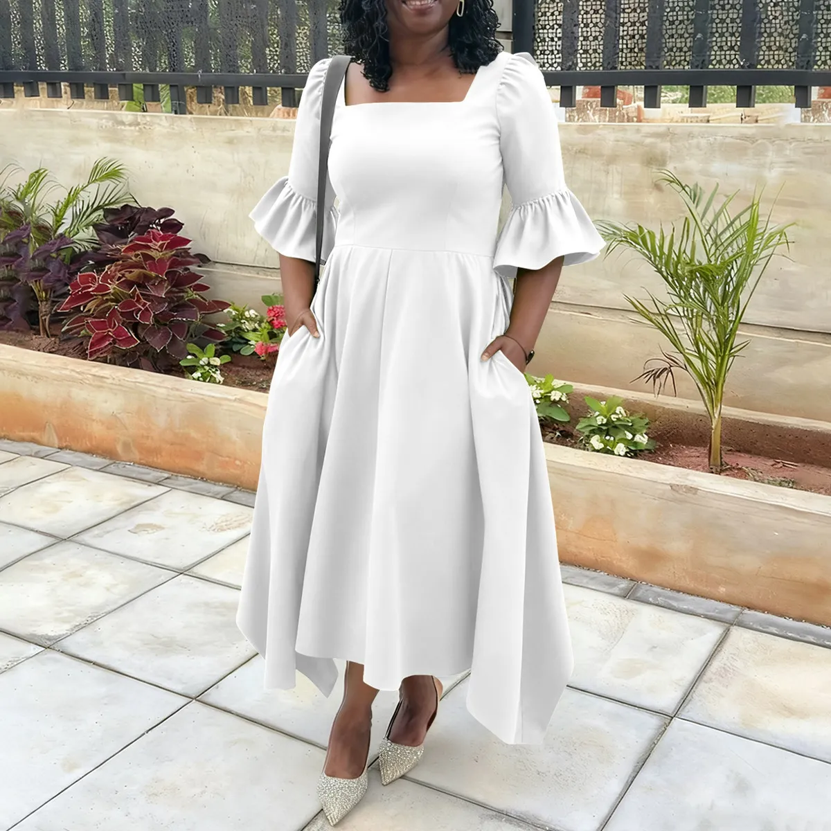 Women Plus Size Elegant Solid Color Lotus Leaf Sleeve Pocket Dress
