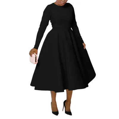 Women Fashion Elegant Plus Size Solid Color Round Neck Long Sleeve Large Swing Dress