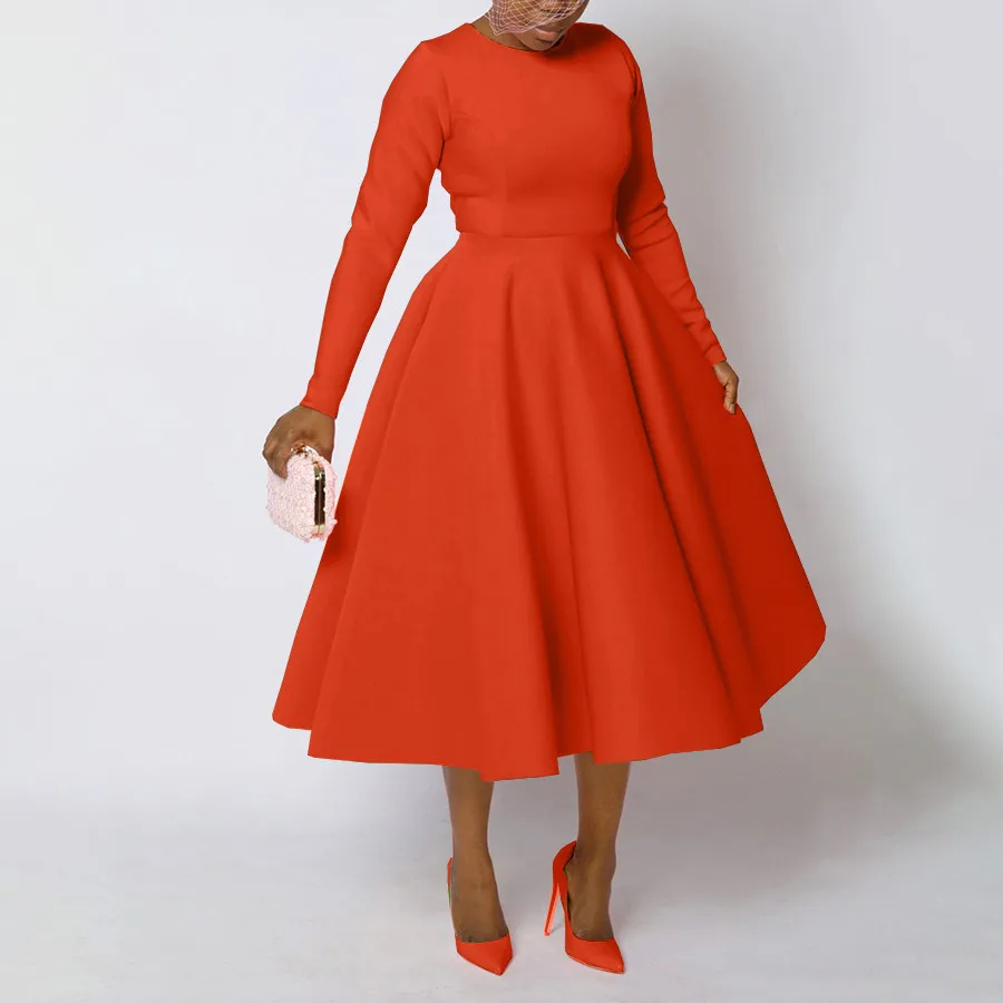 Women Fashion Elegant Plus Size Solid Color Round Neck Long Sleeve Large Swing Dress