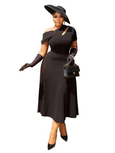Women Plus Size Elegant Slanted Shoulder Short-Sleeve Tight Waist Long Dress