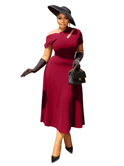 Women Plus Size Elegant Slanted Shoulder Short-Sleeve Tight Waist Long Dress