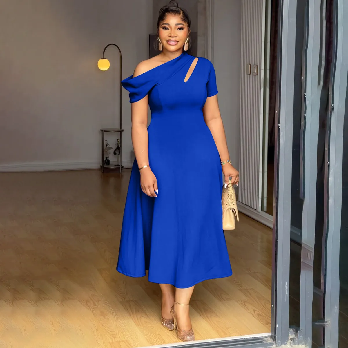 Women Plus Size Elegant Slanted Shoulder Short-Sleeve Tight Waist Long Dress