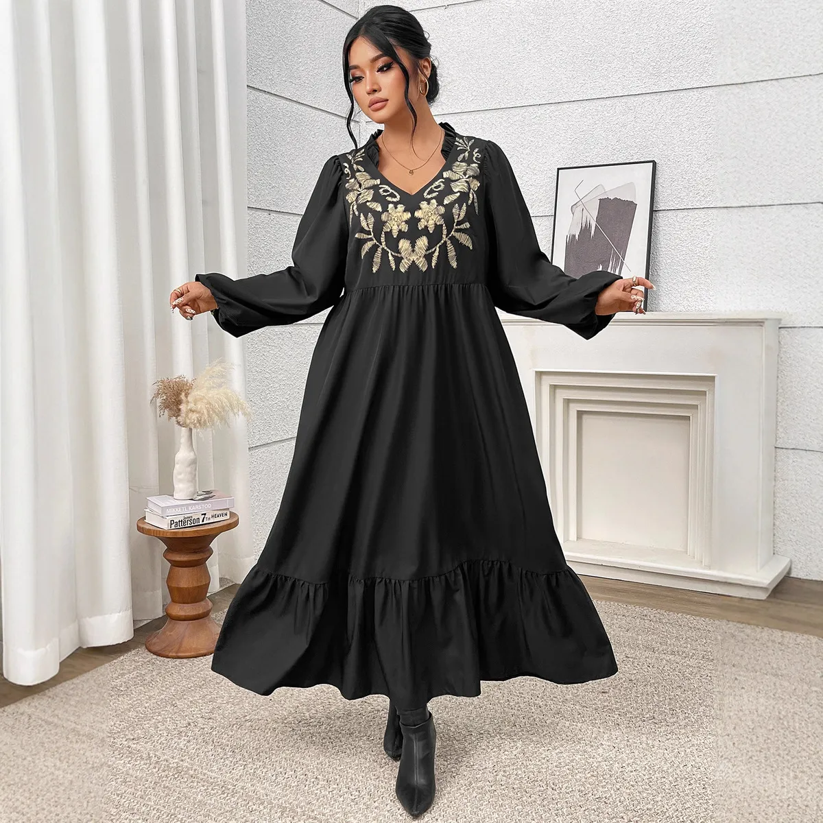 Women Fashion Casual Plus Size Long-Sleeve High Waist Ruffled Loose Dress