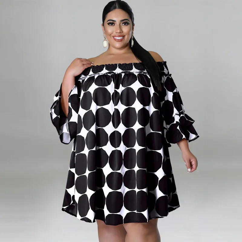 Women Plus Size Off-Shoulder Polka Dot Printed Short Sleeve Loose Dress