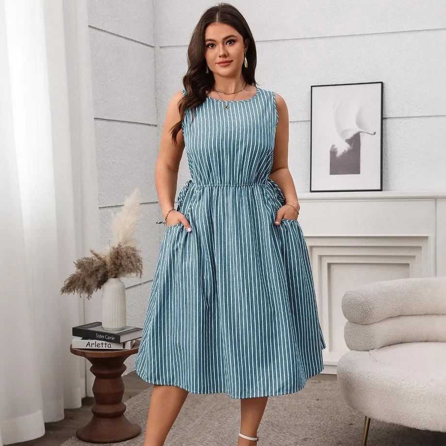 Women Plus Size Casual Contrast Stripe Sleeveless Pocket Dress