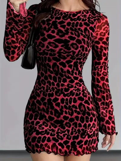 Women Fashion Sexy Leopard Print Round Neck Long Sleeve Slim Fit Dress