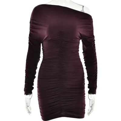 Women Fashion Sexy Solid Color Slanted Shoulder Long Sleeve Pleated Slim-Fit Dress