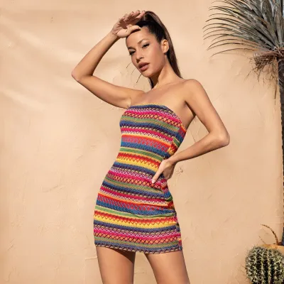 Women Sexy Jacquard Stretch Tube Top Slim Fit Bodycon Dress