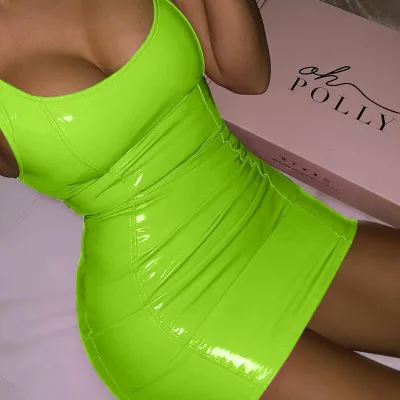 Women Fashion Sexy Solid Color Pu Leather Sleeveless Slim Fit Bodycon Dress