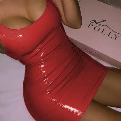Women Fashion Sexy Solid Color Pu Leather Sleeveless Slim Fit Bodycon Dress