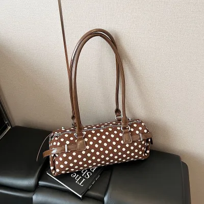 Women Fashion Casual Polka Dot Printed Cylindrical PU Shoulder Bag