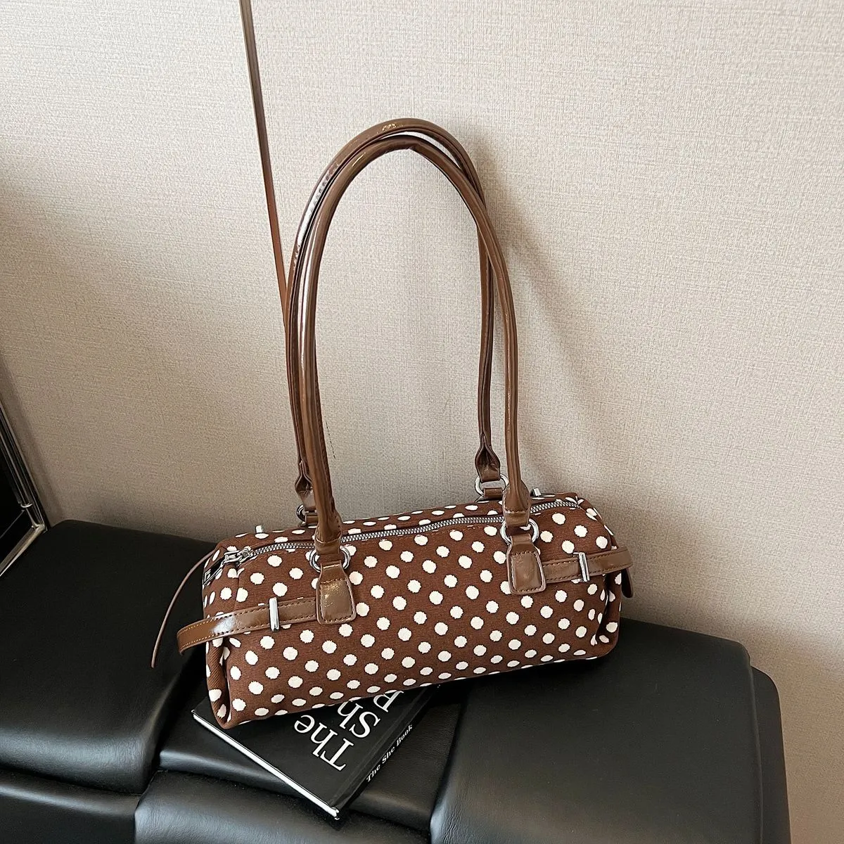 Women Fashion Casual Polka Dot Printed Cylindrical PU Shoulder Bag