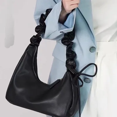 Women Fashion Casual Solid Color Pleated Lace-Up Shoulder Bag PU Underarm Bag