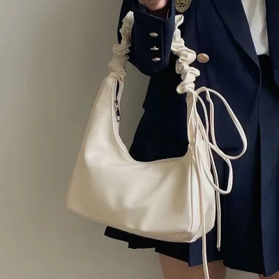 Women Fashion Casual Solid Color Pleated Lace-Up Shoulder Bag PU Underarm Bag