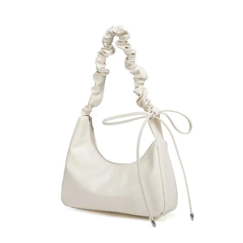Women Fashion Casual Solid Color Pleated Lace-Up Shoulder Bag PU Underarm Bag
