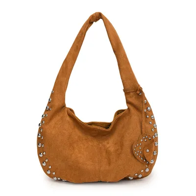 Women Fashion Solid Color Rivet Large Capacity Underarm Shoulder Bag