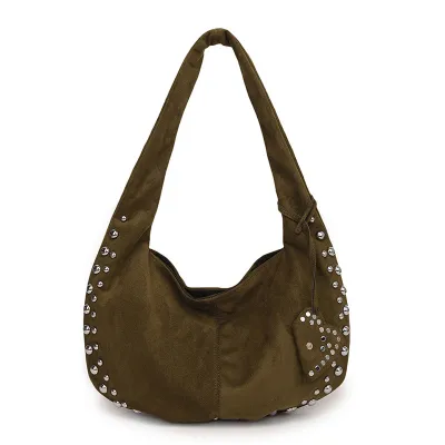 Women Fashion Solid Color Rivet Large Capacity Underarm Shoulder Bag