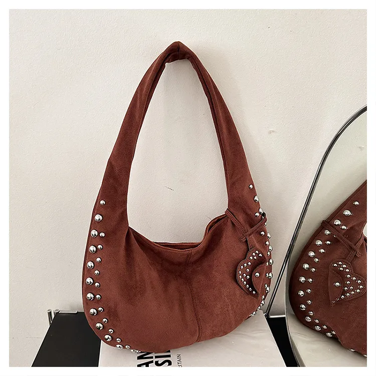 Women Fashion Solid Color Rivet Large Capacity Underarm Shoulder Bag