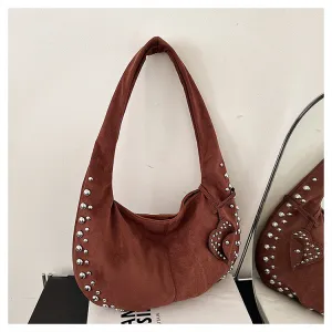 Women Fashion Solid Color Rivet Large Capacity Underarm Shoulder Bag