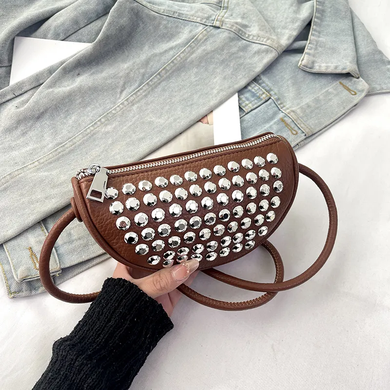 Women Fashion Solid Color Rivet Small Square PU Shoulder Bag