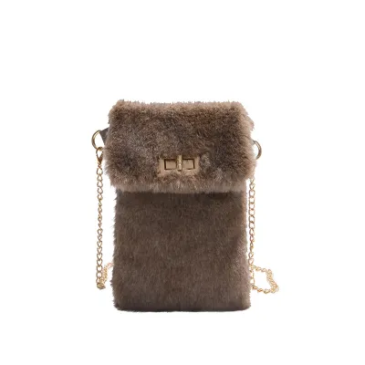 Women Fashion Casual Autumn Winter Solid Color Plush Chain Shoulder Bag