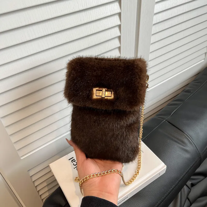 Women Fashion Casual Autumn Winter Solid Color Plush Chain Shoulder Bag