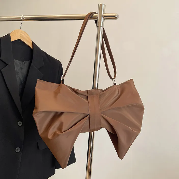 Women Fashion Canvas Solid Color Pleated Bowknot Large Capacity Shoulder Bag